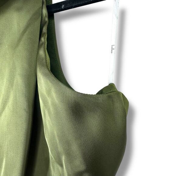 Lulus NWT Distinctive Charm Olive Green Satin Asymmetrical A-Line Maxi Dress - Picture 11 of 11